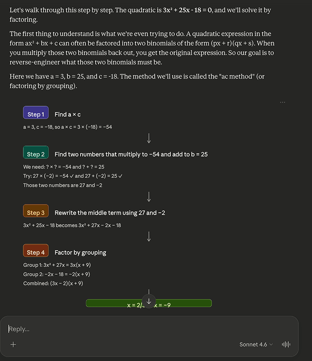 Screenshot of Claude responding to a math problem with a wall of text and the answer